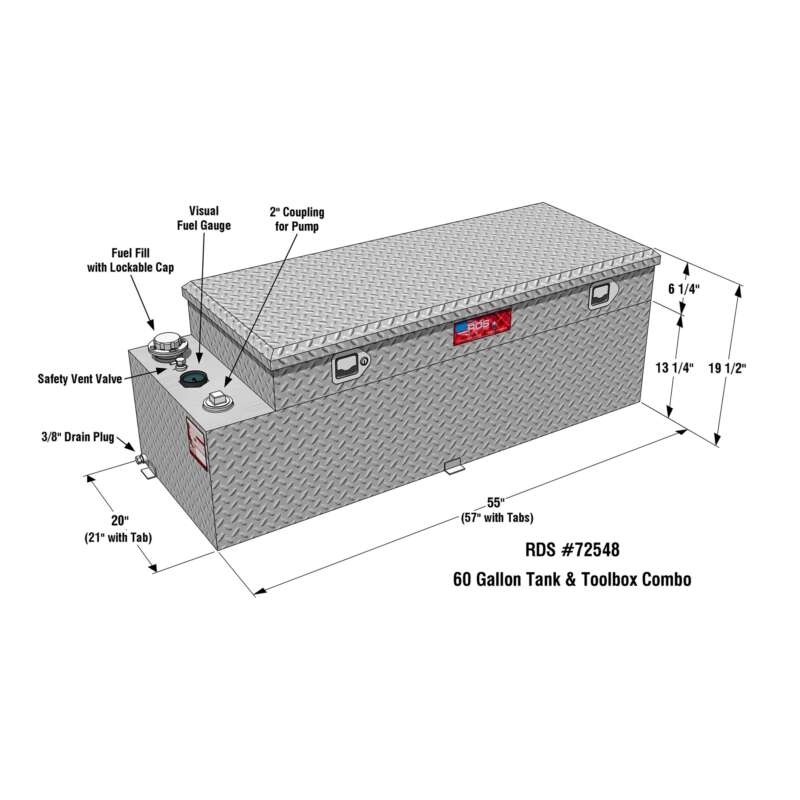 RDS Aluminum Transfer Fuel Tank Toolbox Combo 60 Gallon Rectangular Diamond Plate