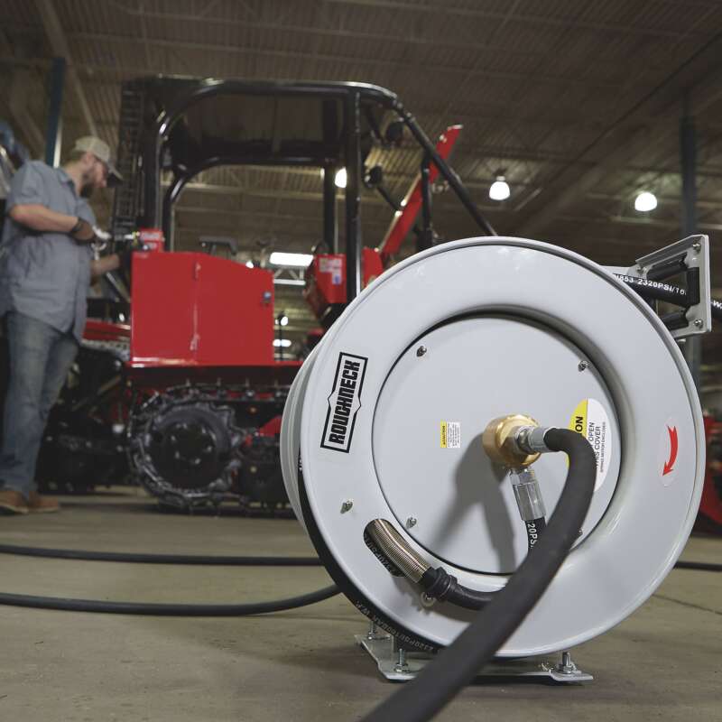 Roughneck Dual Grease Oil Hose Reel with 50ft Hoses 1/4in x 50ft Grease Hose 1/2in x 50ft Oil Hose