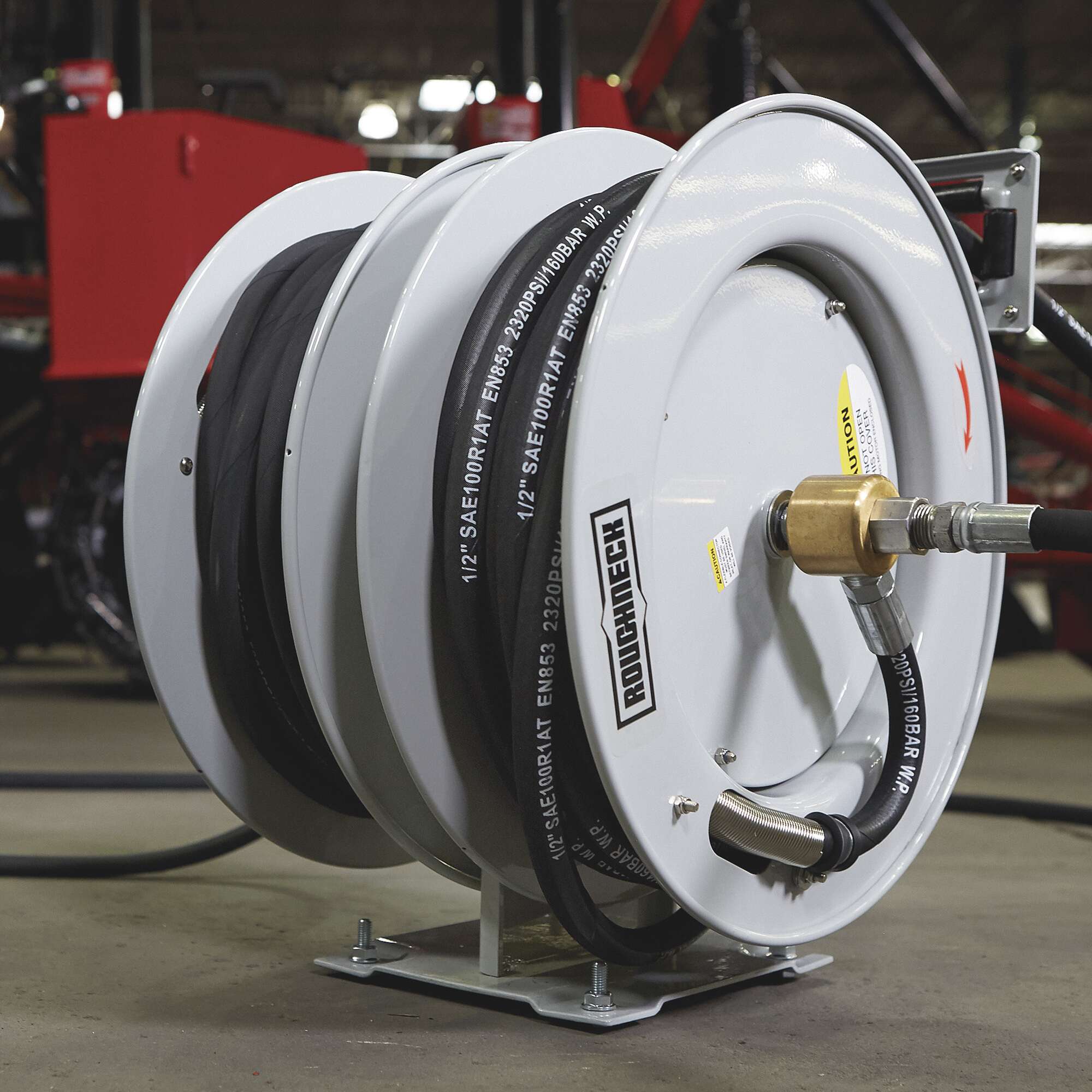 Roughneck Dual Grease/Oil Hose Reel with 50ft. Hoses, 1/4in. x 50ft. Grease  Hose, 1/2in. x 50ft. Oil Hose