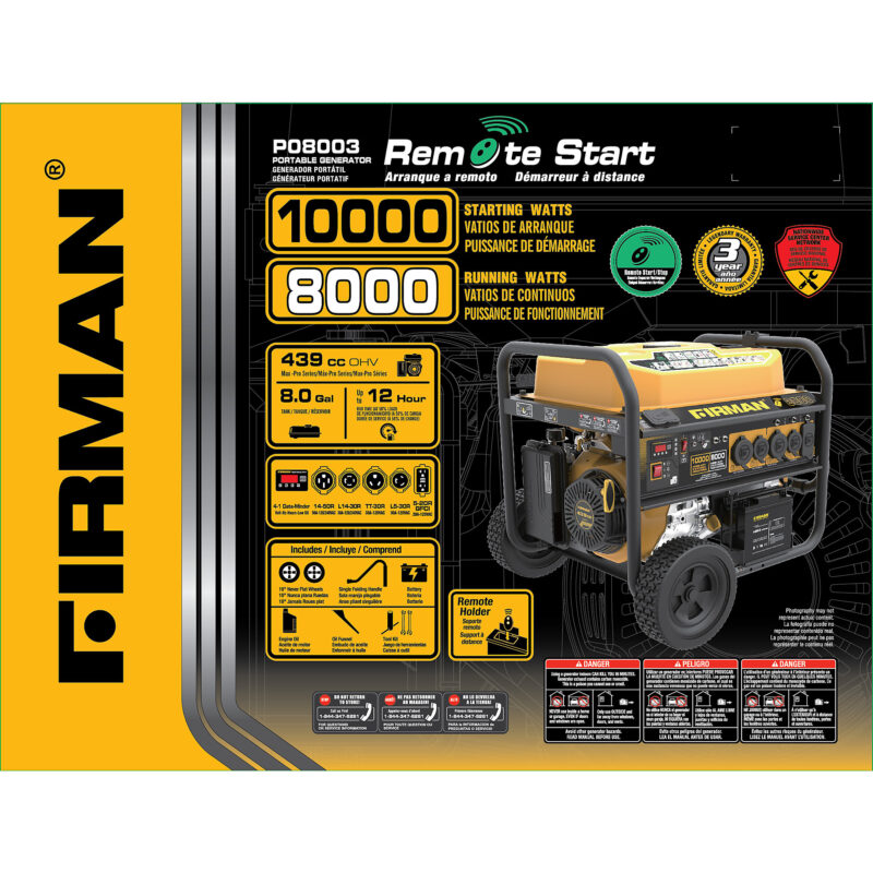 Firman Remote Start Gas Portable Generator CARB Certified Surge Watts 10000