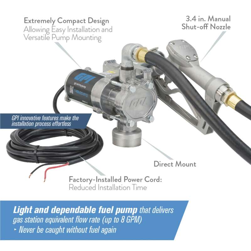 GPI EZ 8 12V Fuel Transfer Pump 8 GPM Manual Nozzle Hose2