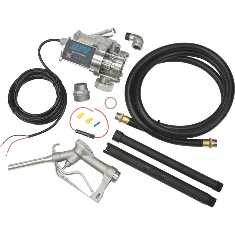 GPI EZ 8 12V Fuel Transfer Pump with Spin Collar 8 GPM Ethanol Capable Manual Nozzle Hose