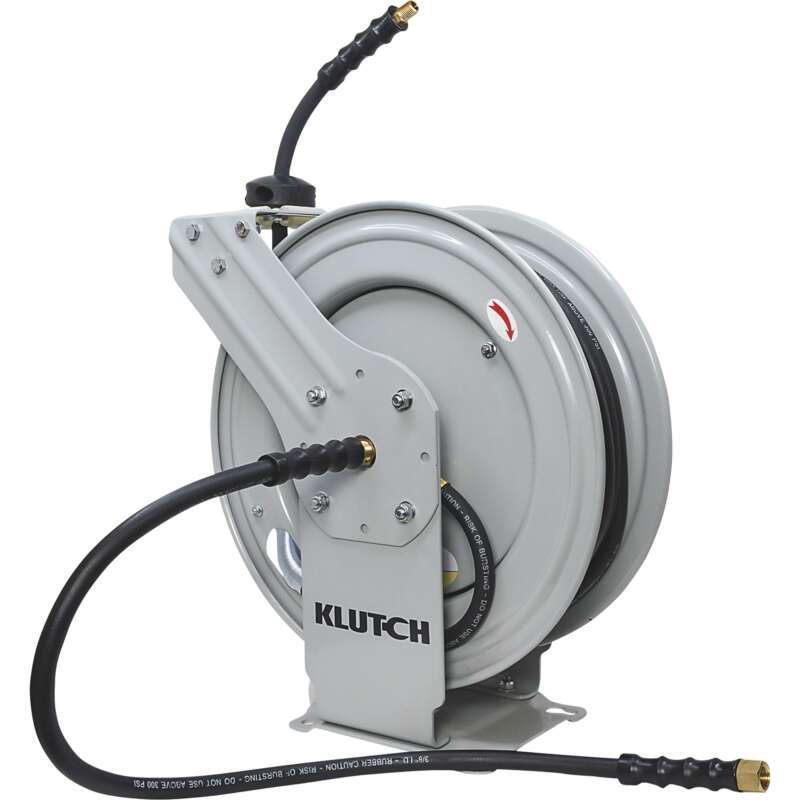 Klutch Auto Rewind Air Hose Reel With 3/8in x 50ft NBR Rubber Hose Dual Arm 300 Max PSI