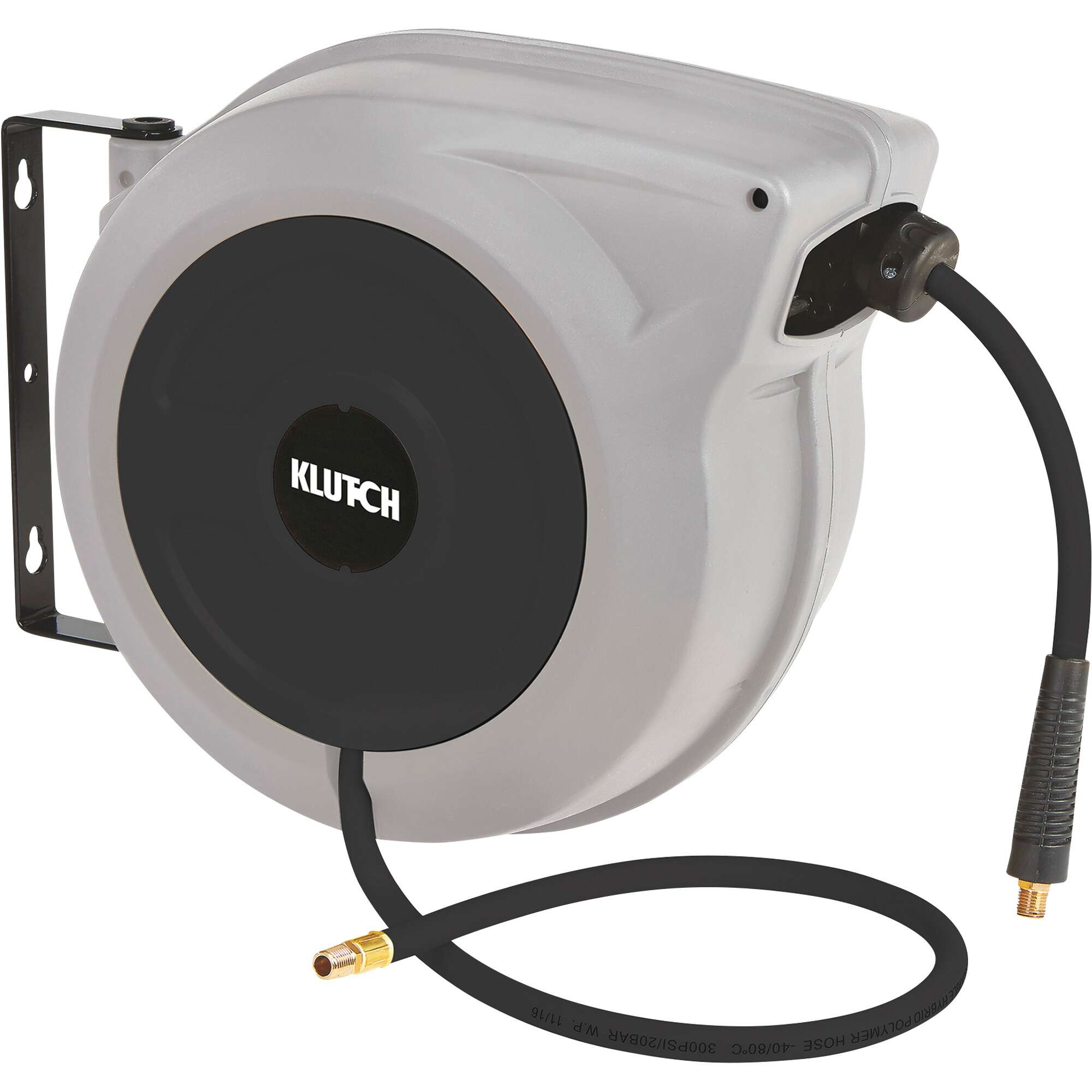 Klutch Auto-Rewind Air Hose Reel, with 1/2inch. x 100ft. Oil-Resistant Rubber Hose, 300 psi, Model OSRDA12100-NT