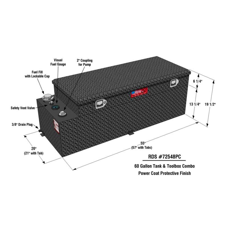 RDS Aluminum Transfer Fuel Tank Toolbox Combo 60Gallon Rectangular Black Diamond Plate3