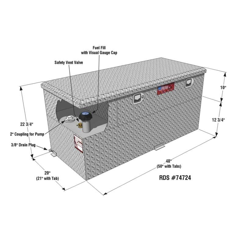 RDS Aluminum Transfer Fuel Tank Toolbox Combo with 12V Fuel Transfer Pump 50Gallon Rectangular Diamond Plate 8 GPM3