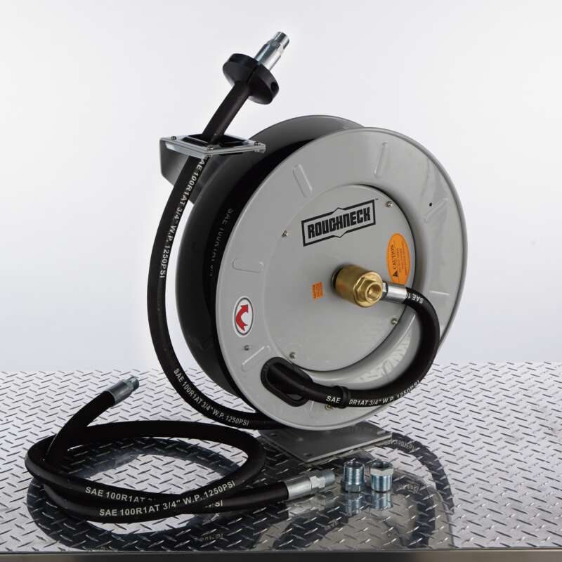 Roughneck Spring Rewind Fuel and Oil Hose Reel with Hoses