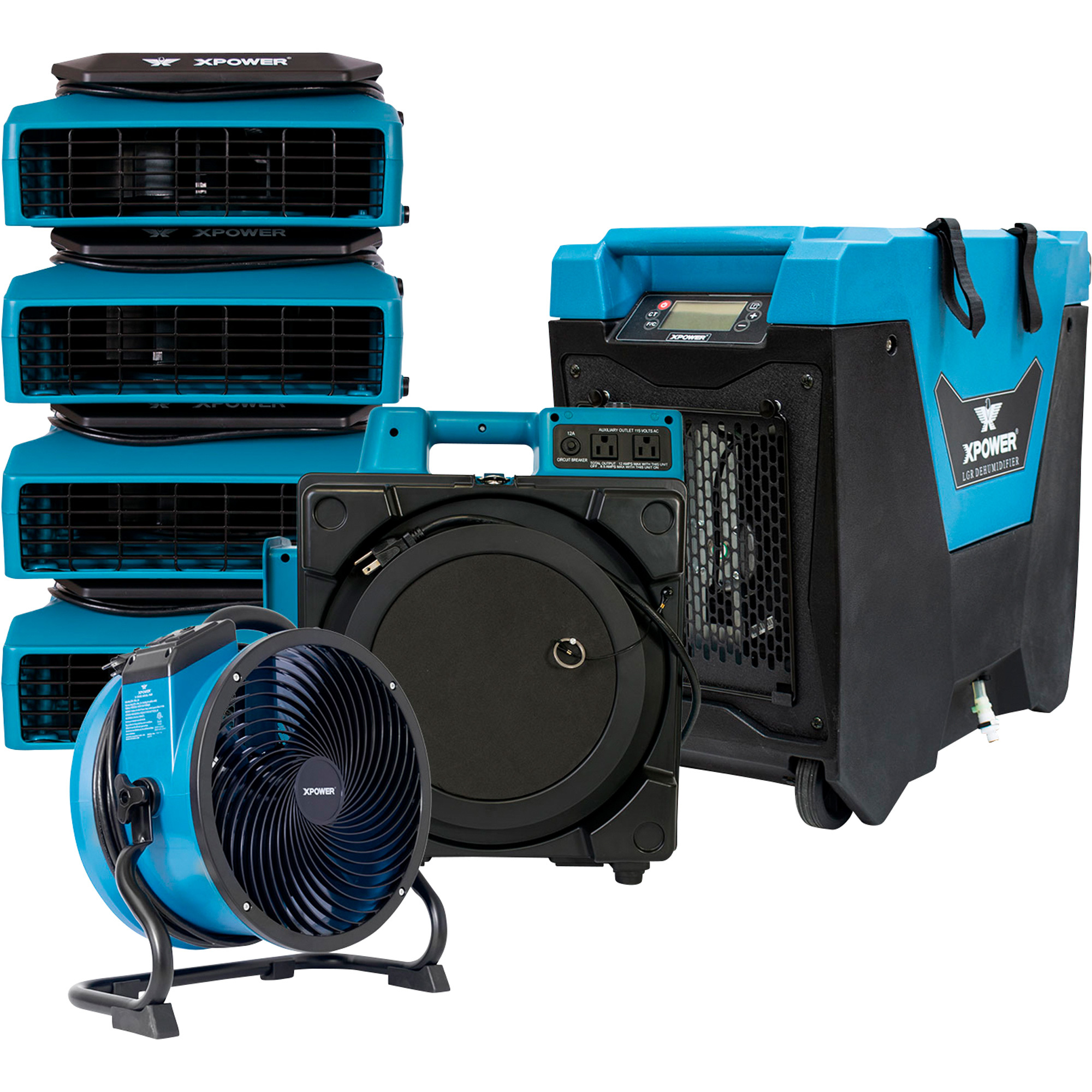 XPOWER 7 Pc Water Contractor Pack 4 Low Profile Air Movers 1 Axial Air Mover 1 Commercial Mini Air Scrubber and 1 Commercial LGR Dehumidifier