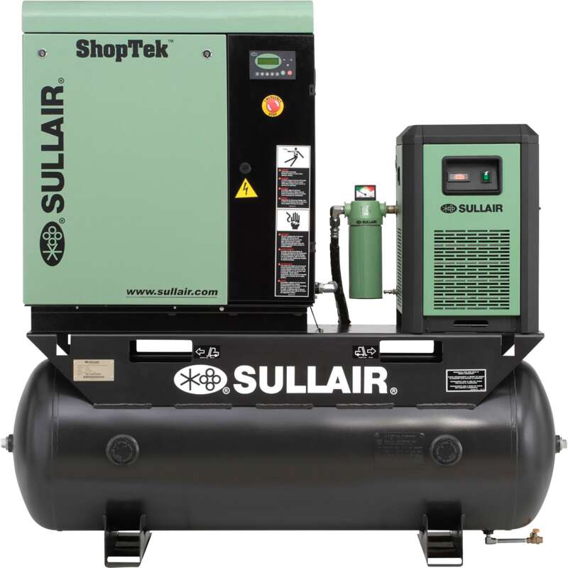 Sullair ShopTek Rotary Screw Air Compressor with Refrigerated Air Dryer 7.5 HP 208 230 460 Volt 3 Phase 80 Gallon Horizontal Tank