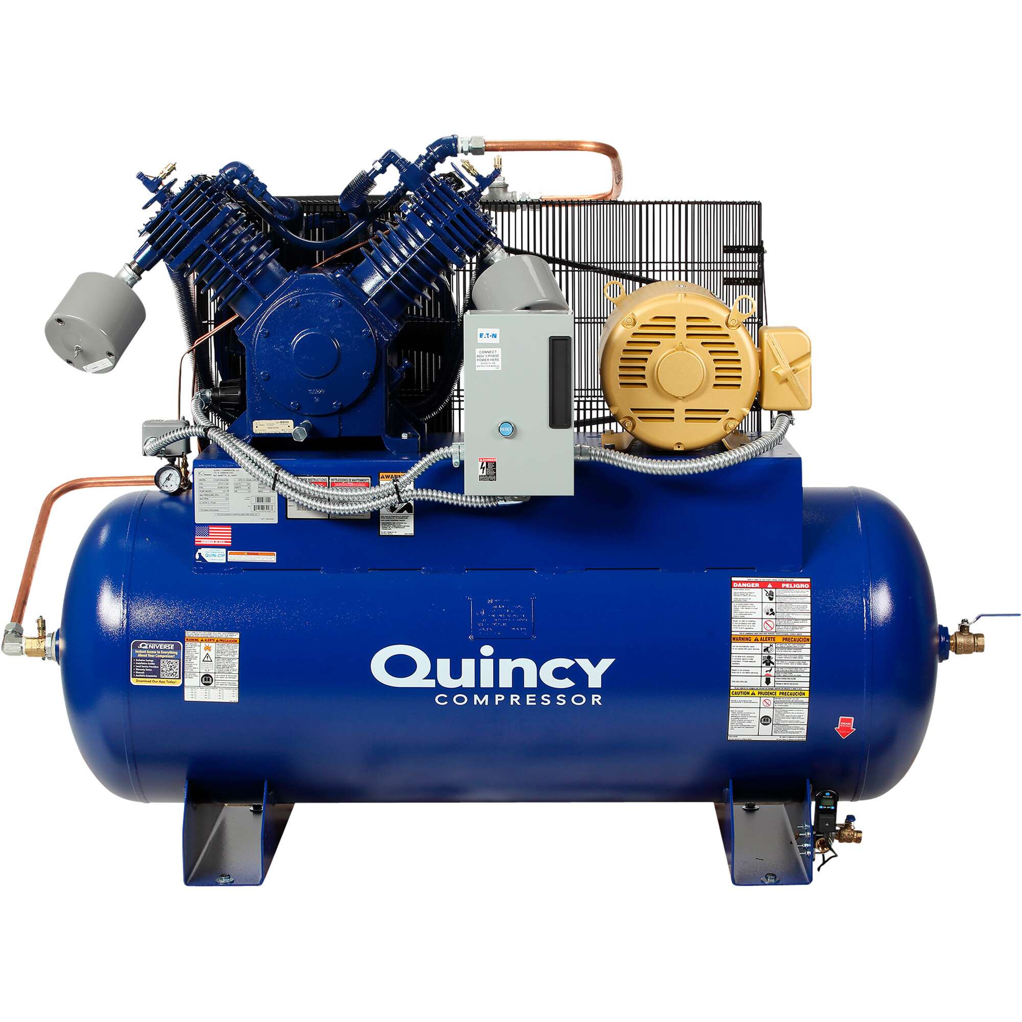 Quincy QT 15 Splash Lubricated Air Compressor with MAX Package 15 HP 460 Volt 3 Phase 120 Gallon Horizontal