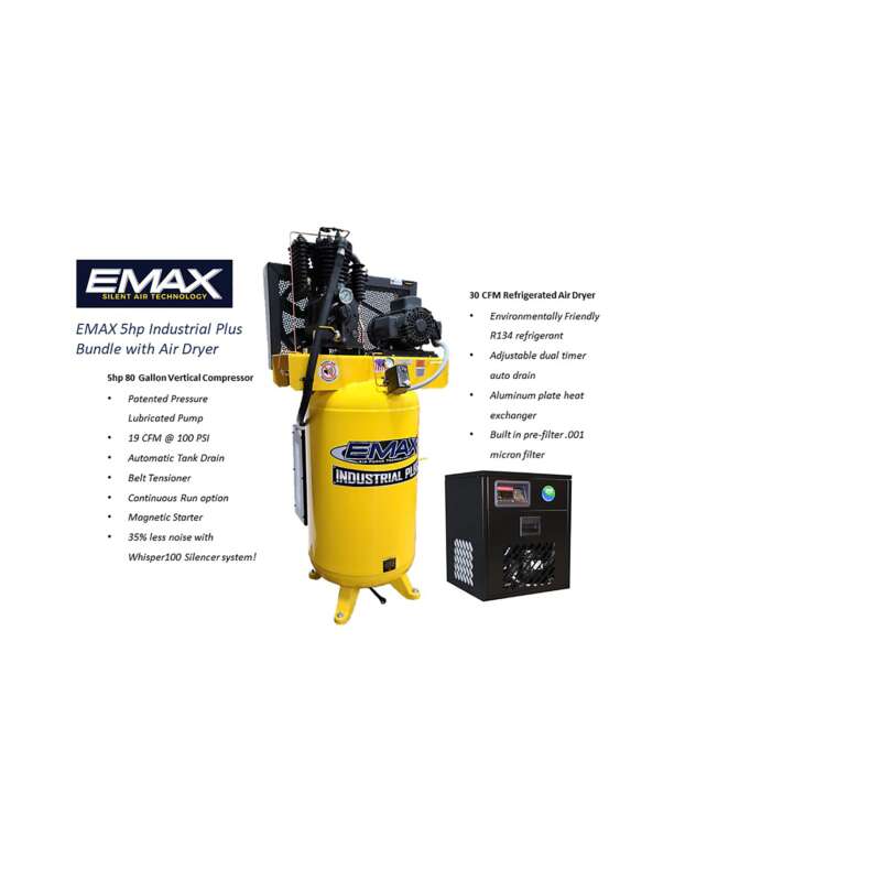 Emax Silent 1PH Vertical Compressor 30CFM Dryer Bundle Horsepower 5 HP Air Tank Size 80 Gal Volts 230