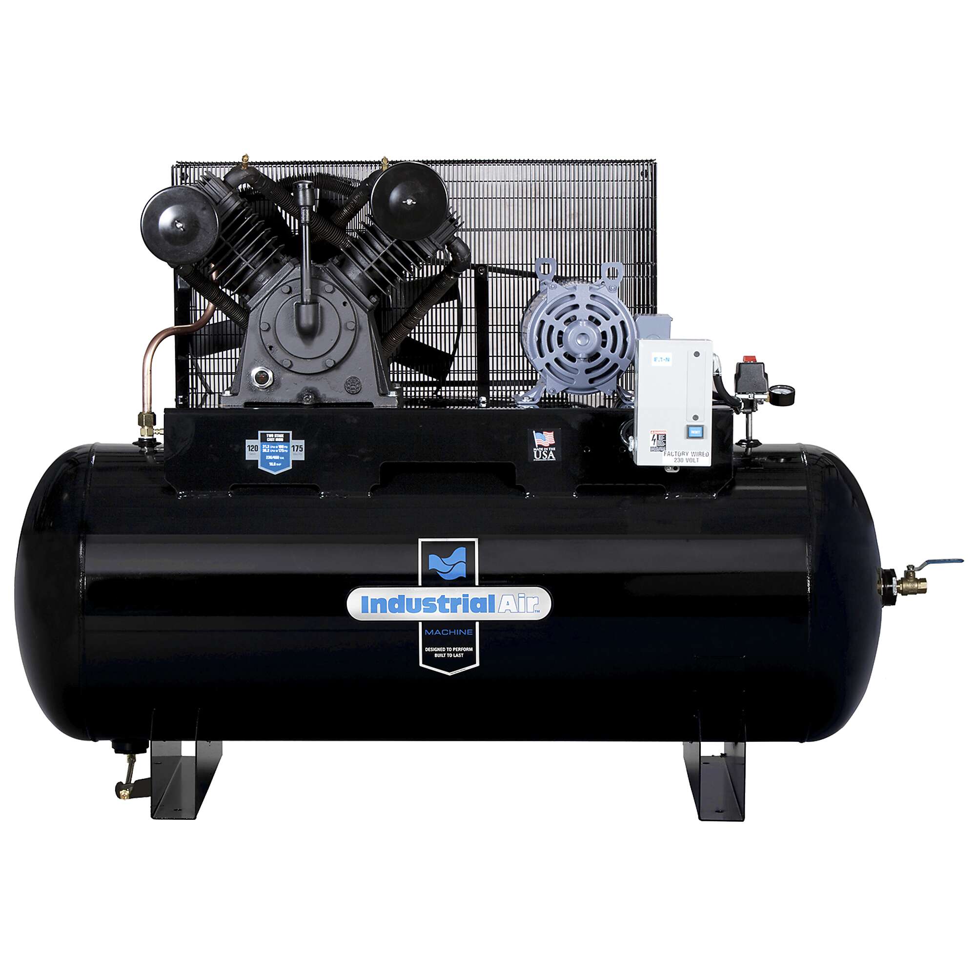 Delivers 35 CFM at 100 PSI and 33.6 CFM at 175 PSI Patented pump design provides for a cooler running pump Equipped with pre-wired and mounted magnetic starter Patented piston design for improved compression efficiency Cast iron cylinder head with patented deep-groove directional cooling fins