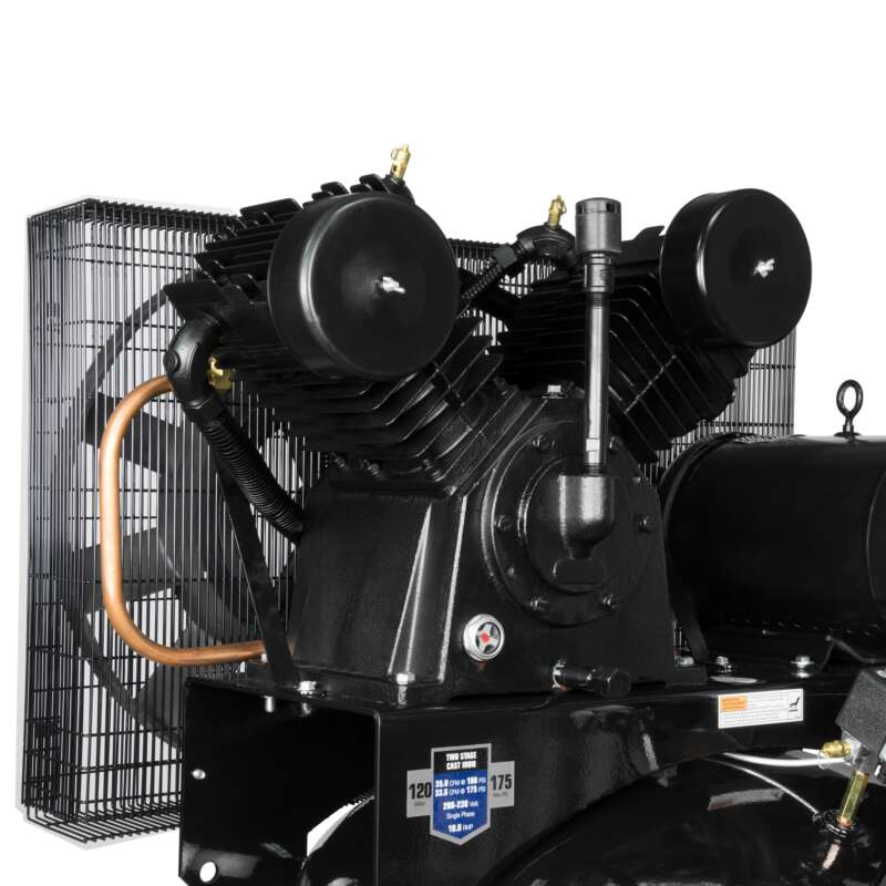 Industrial Air 120 Gallon Vertical Two Stage 10 HP Single Phase Horsepower 10 HP Air Tank Size 120 Gal Volts 208 230