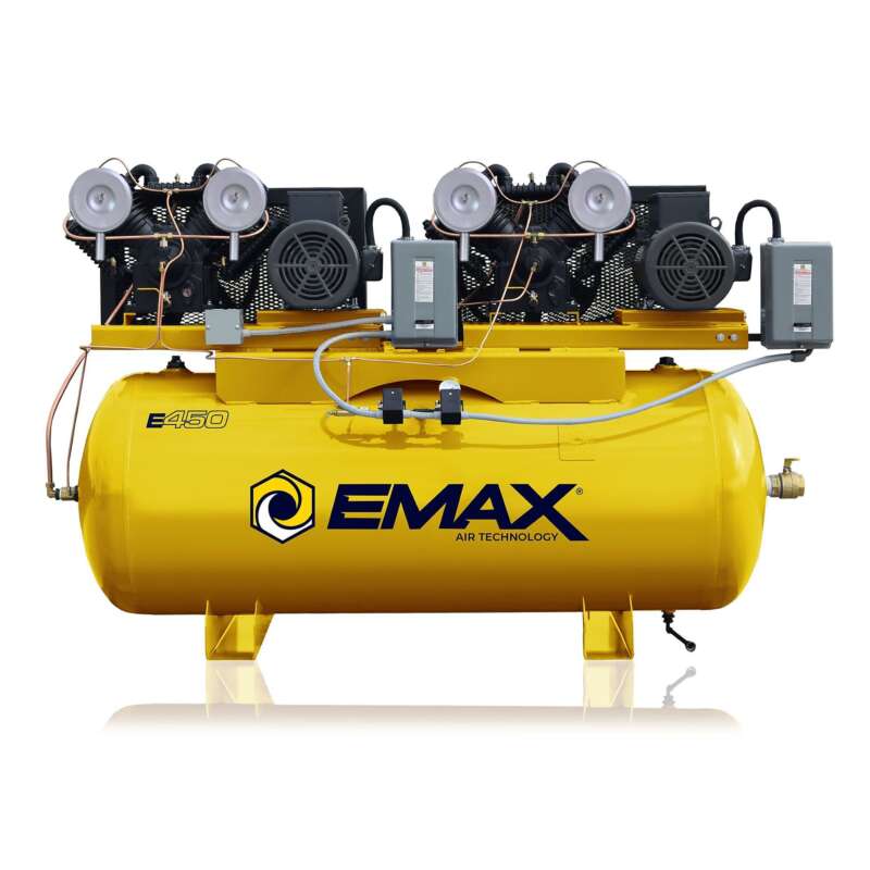 Emax Silent Air 3PH Horizontal Dual Piston Compressor Horsepower 7.5 HP Air Tank Size 120 Gal Volts 230 460