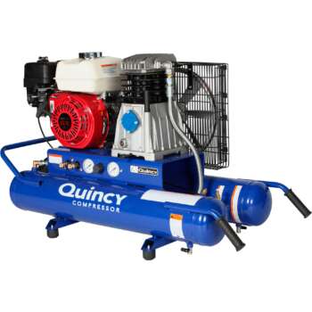 Splash-lubricated single stage 2-cylinder 100% cast iron pump for up to 10,000+ hours pump life Powered by reliable 5.5 HP Honda GX160 gas engine Twin 4-gallon wheelbarrow style air tanks Large 13in. flywheel for maximum heat dissipation Cast iron cylinders and valve plate for durability