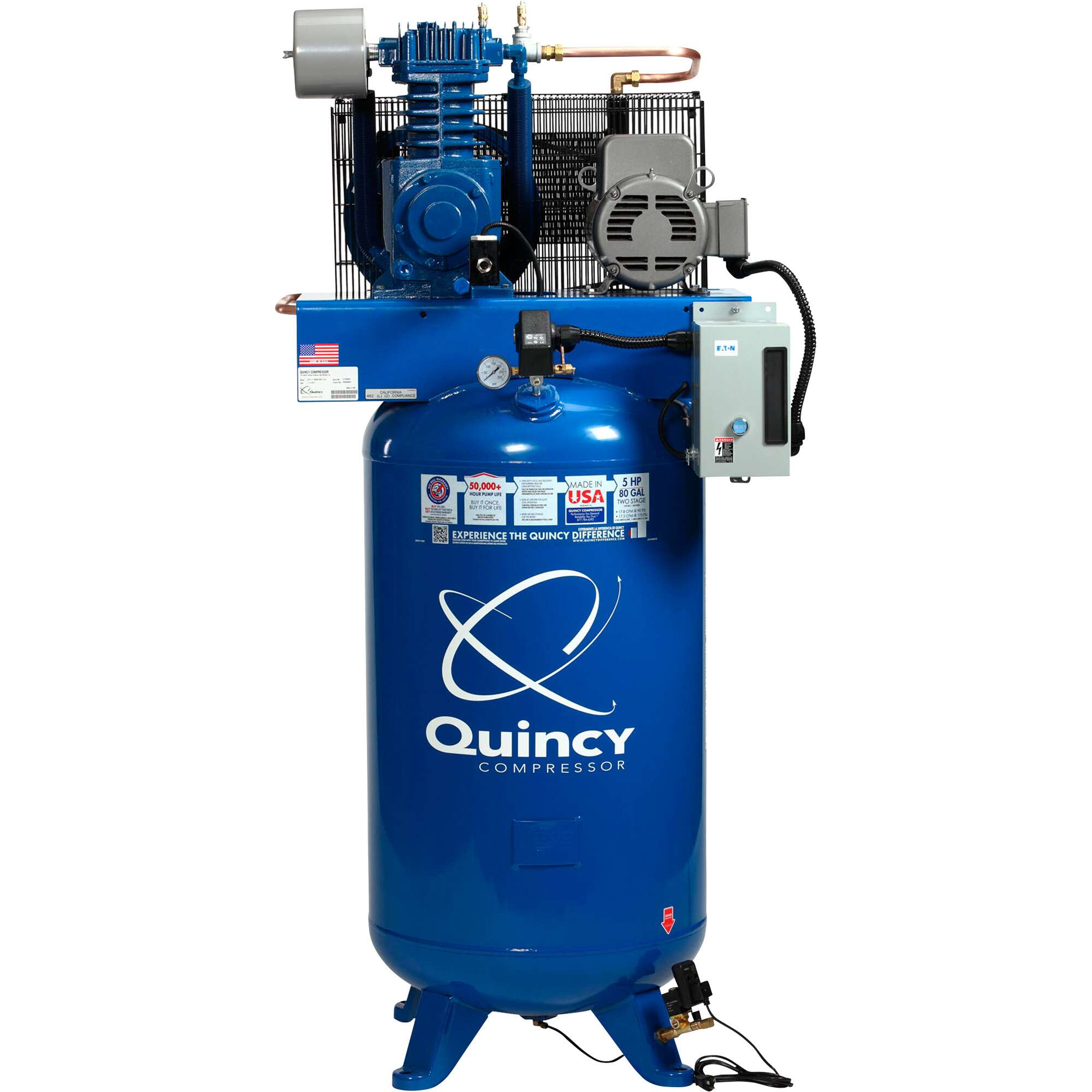 Quincy QT 5 Splash Lubricated Reciprocating Air Compressor with MAX Package 5 HP 460 Volt 3 Phase 80 Gallon Vertical