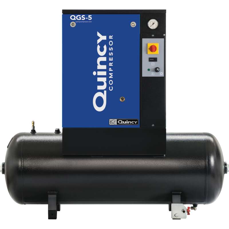 Quincy QGS Rotary Screw Air Compressor 5 HP Tri Voltage 200 208V 230V 460V 3 Phase 60 Gallon Horizontal