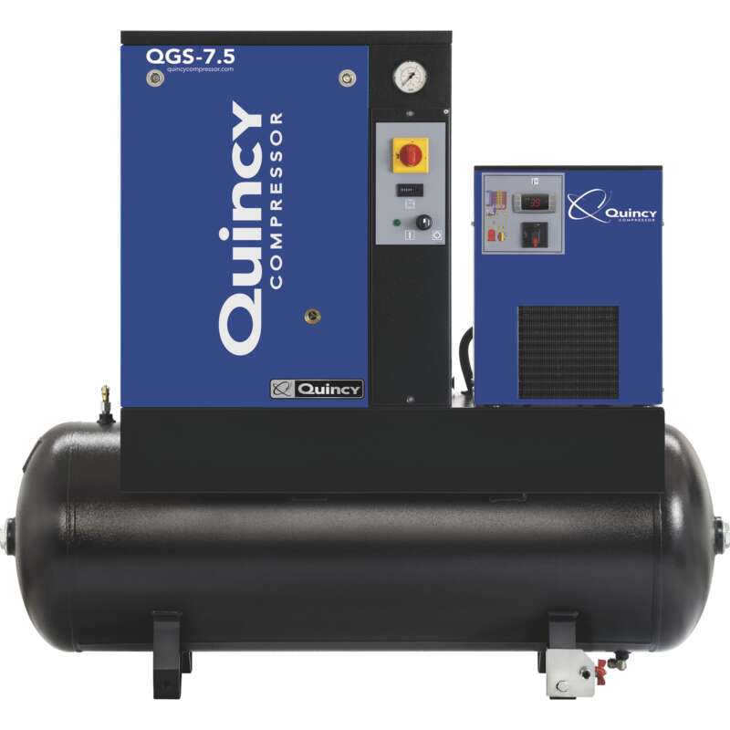 Quincy QGS Rotary Screw Air Compressor with Dryer 7.5 HP Tri Voltage 200 208V 230V 460V 3 Phase 60 Gallon Horizontal