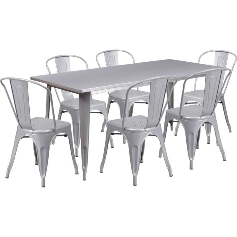 Flash Furniture 63in L x 31.5inW Metal Table and 6Pc Chair Set